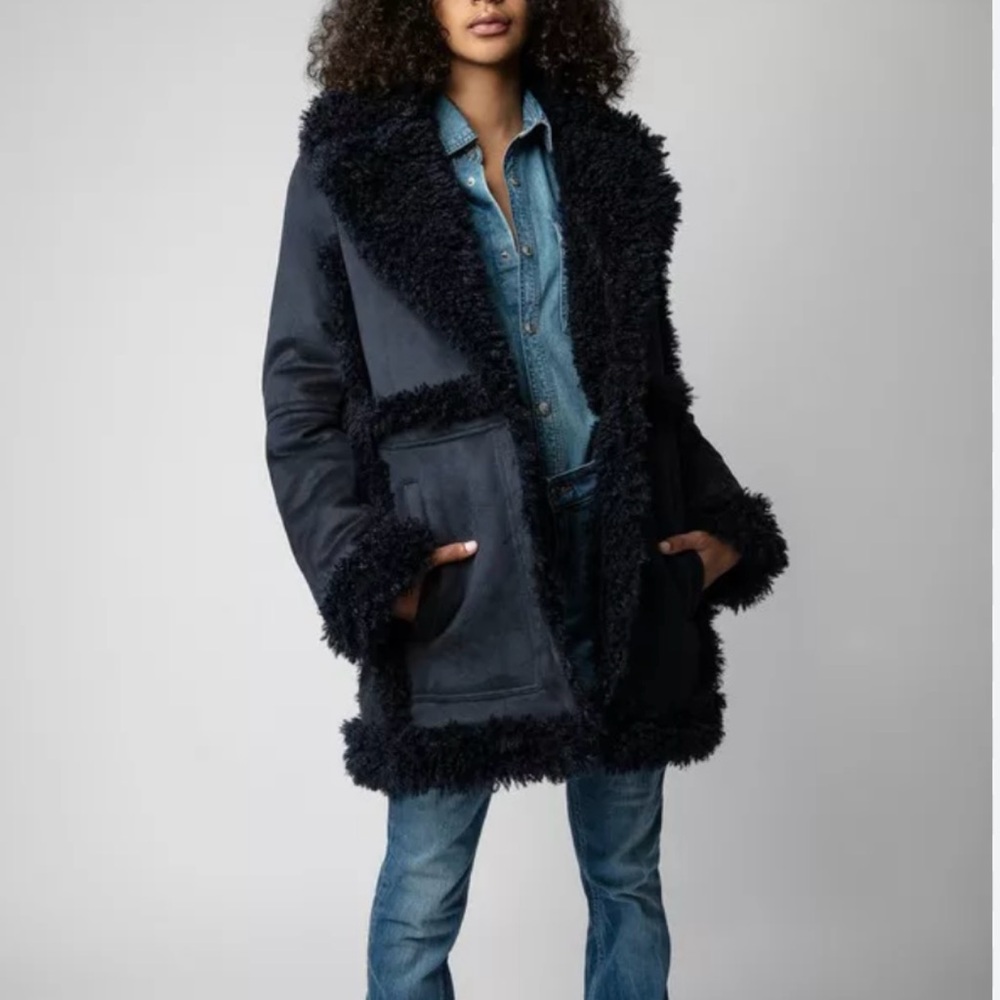 NWT Women’s ZADIG & VOLTAIRE Festif Navy Encre Faux Shearling Penny Coat
